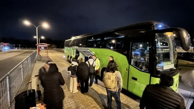 Flixbus bus at the Marymont Metro stop in Warsaw waiting for passengers to board to destinations in Lithuania, Latvia and Estonia.
