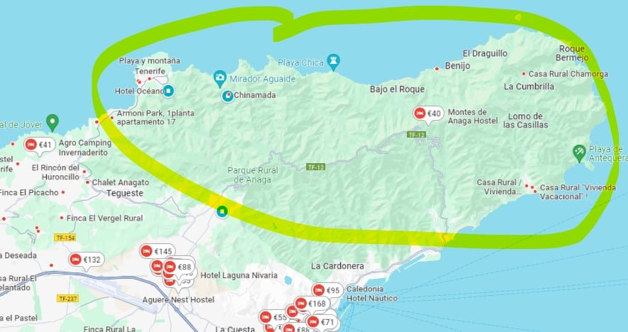 Red dots mark locations of hotels and guest houses in the Anaga Rural Park