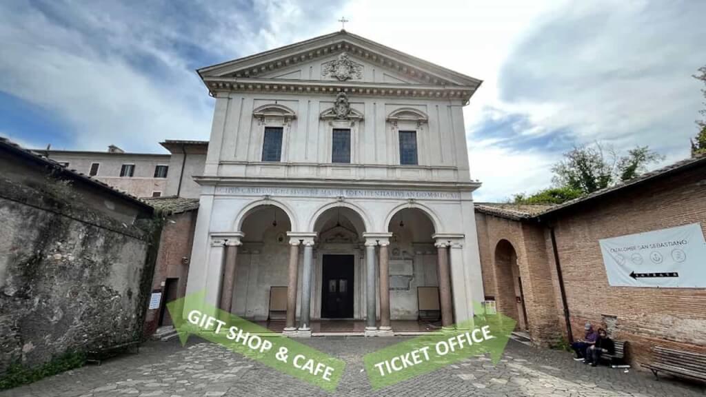 Once you arrive at the Saint Sebastian Basilica (Basilica San Sebastiano Fuori le Mura), the ticket office is to your right, and gift shop to the left. If you have to wait until tour start, try to claim one of the benches on the right. 