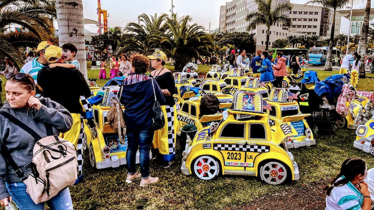 A large group of toy car costumes at the Tenerife Carnival